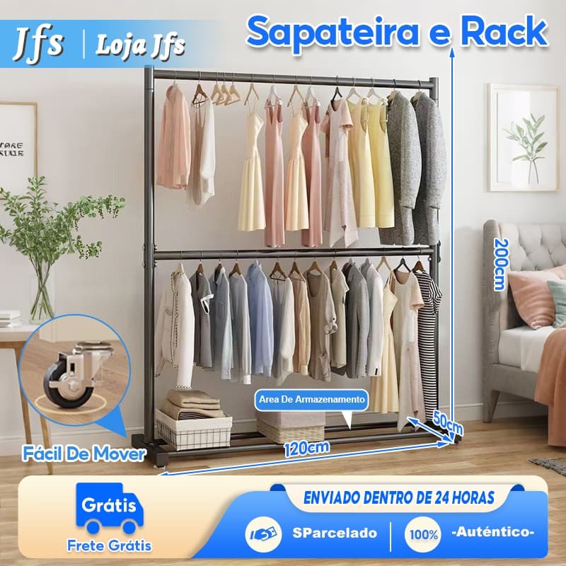 Arara de Roupas com Sapateira e Cabideiro–Ferro Resistente,  Organizador Multiuso Estendal Para Secar Colchas