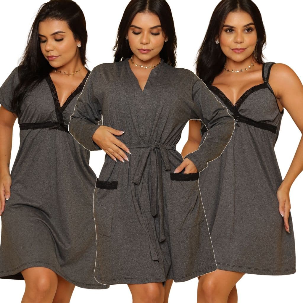 Kit 2 Camisola Maternidade Amamentação Pós Parto Gestante com Robe de Algodão