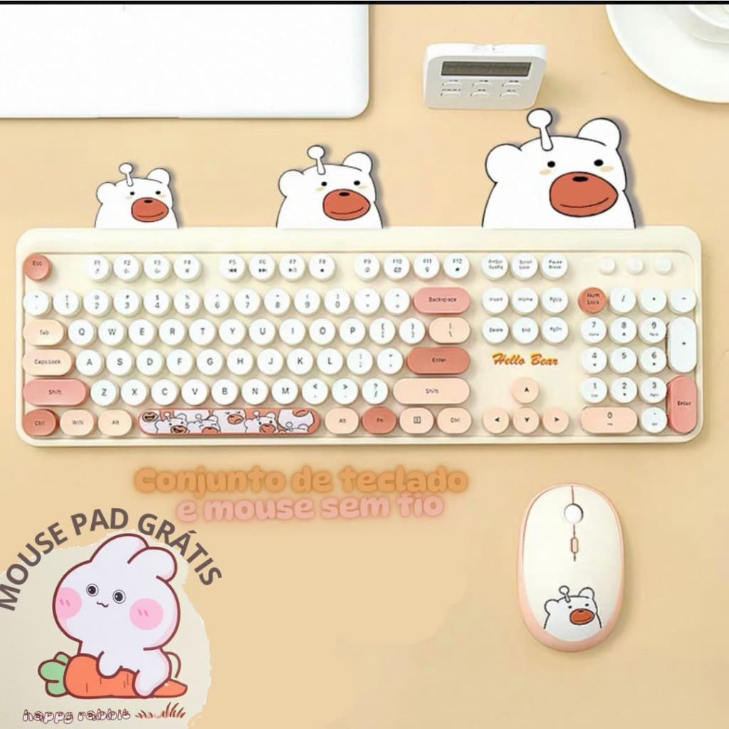 Teclado e Mouse Sem Fio Kit Hello Bear Geezer 2.4G  Wireless Várias Cores com Mousepad de Brinde