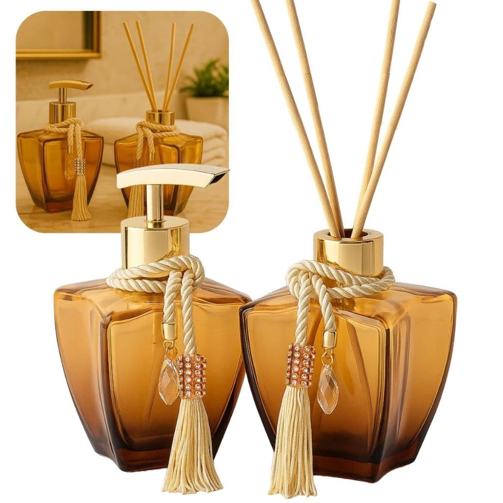 Kit Banheiro Vidros Degrade Marrom Porta Sabonete Difusor De Ambiente Luxo