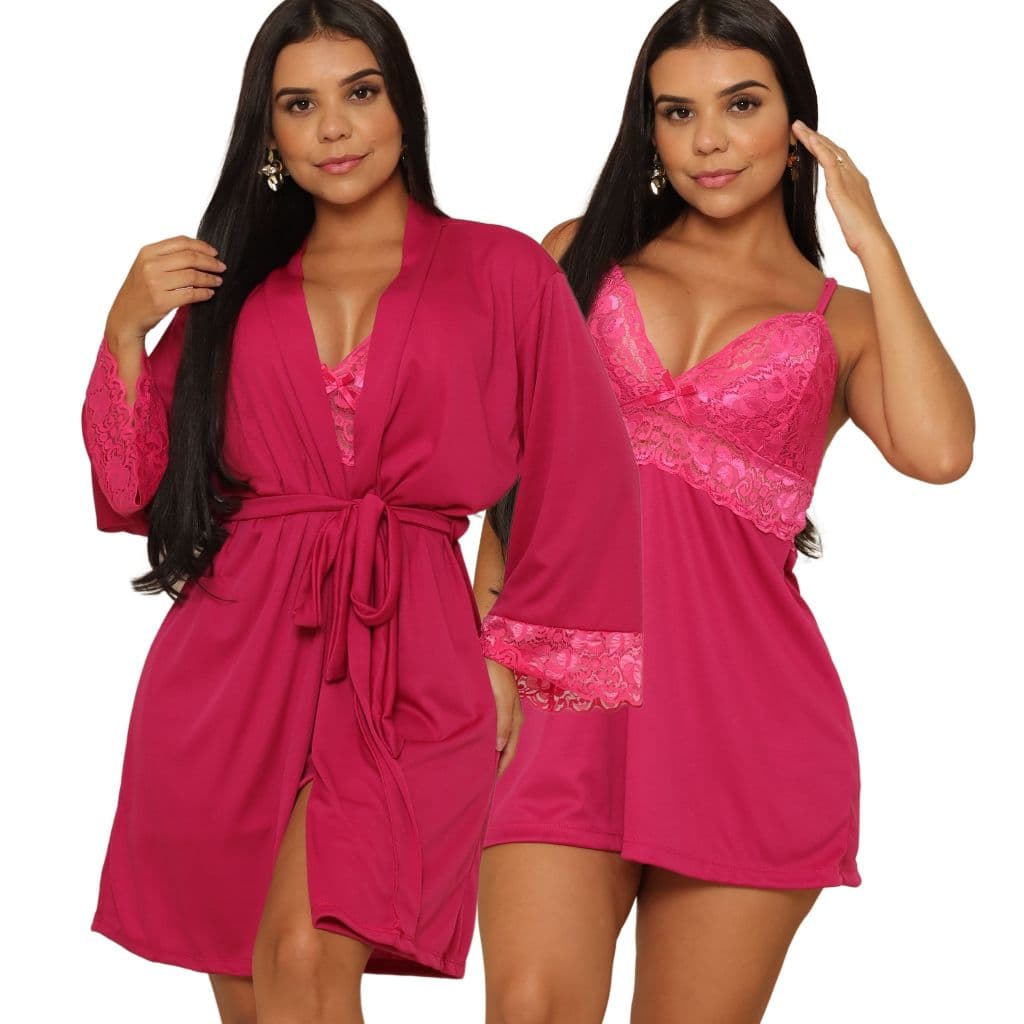 Kit Robe com Renda Luxo e Camisola Feminina Lingerie Sensual