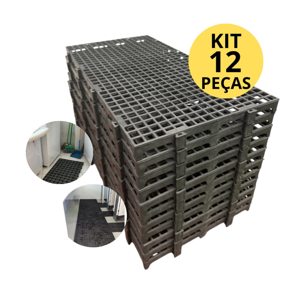 Kit 12 - 8 - 2 Peças Palete Estrado Piso Plástico Modular Montável Preto Resistente Deck 2,5x25x50