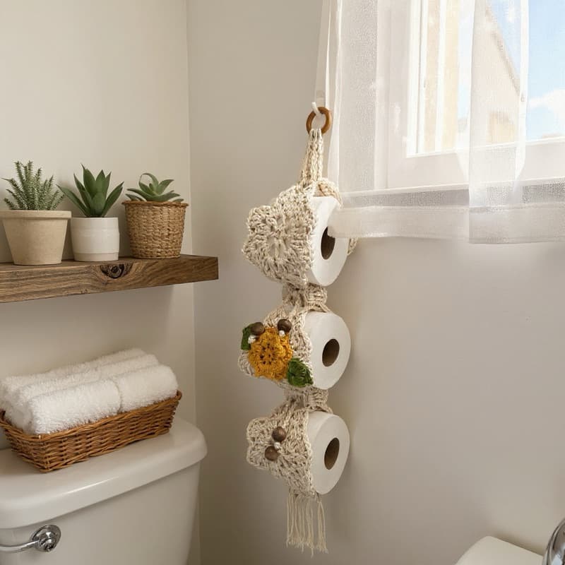 Porta Papel Higiênico Flor Bordado Crochê Artesanal - 3 Lugares