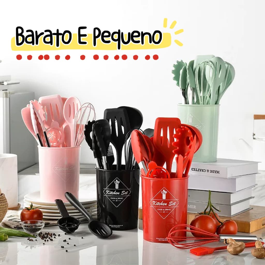 Jogo de Cozinha Kit C/12 Pçs de Silicone Utensílios e Copo Suporte para Cozinha Cabo de Madeira