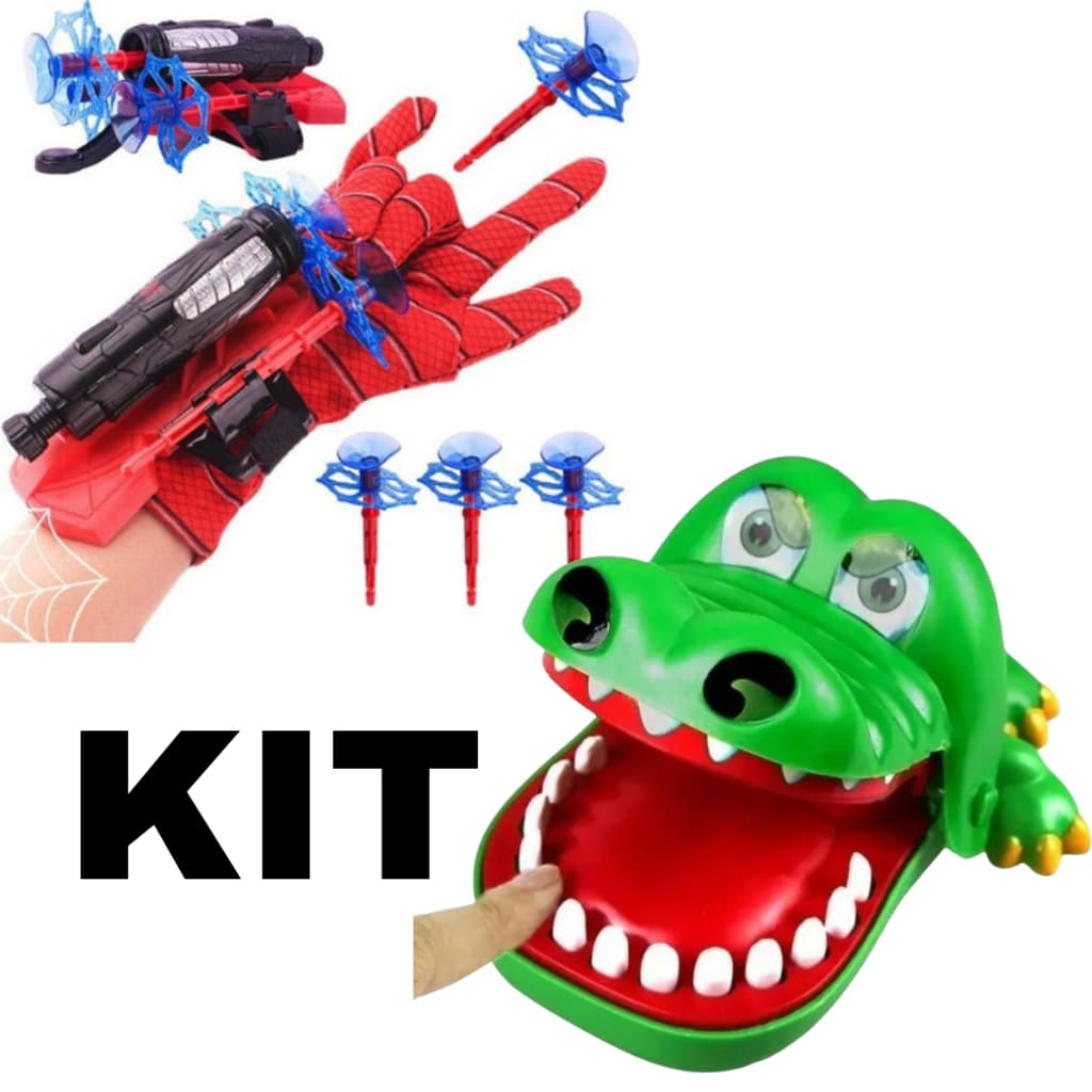 Kit Brinquedos Jogo Jacaré Crocodilo Morde Dedo e Luva Homem Aranha Infantil Lançador de Teia Dardo Brinquedo