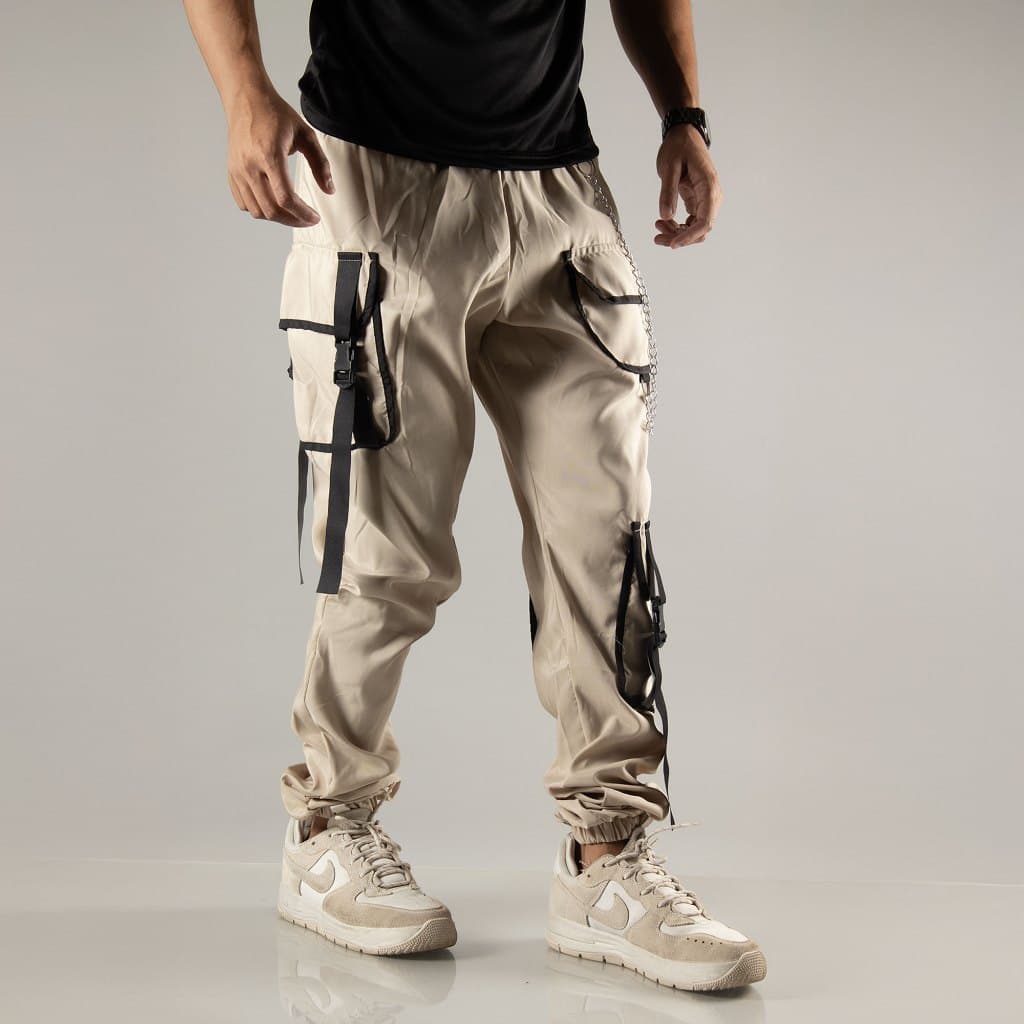 Calça Cargo Jogger com elastico de Tactel Estilo Gringa com Cordão e Corrente Coreana Estilosa