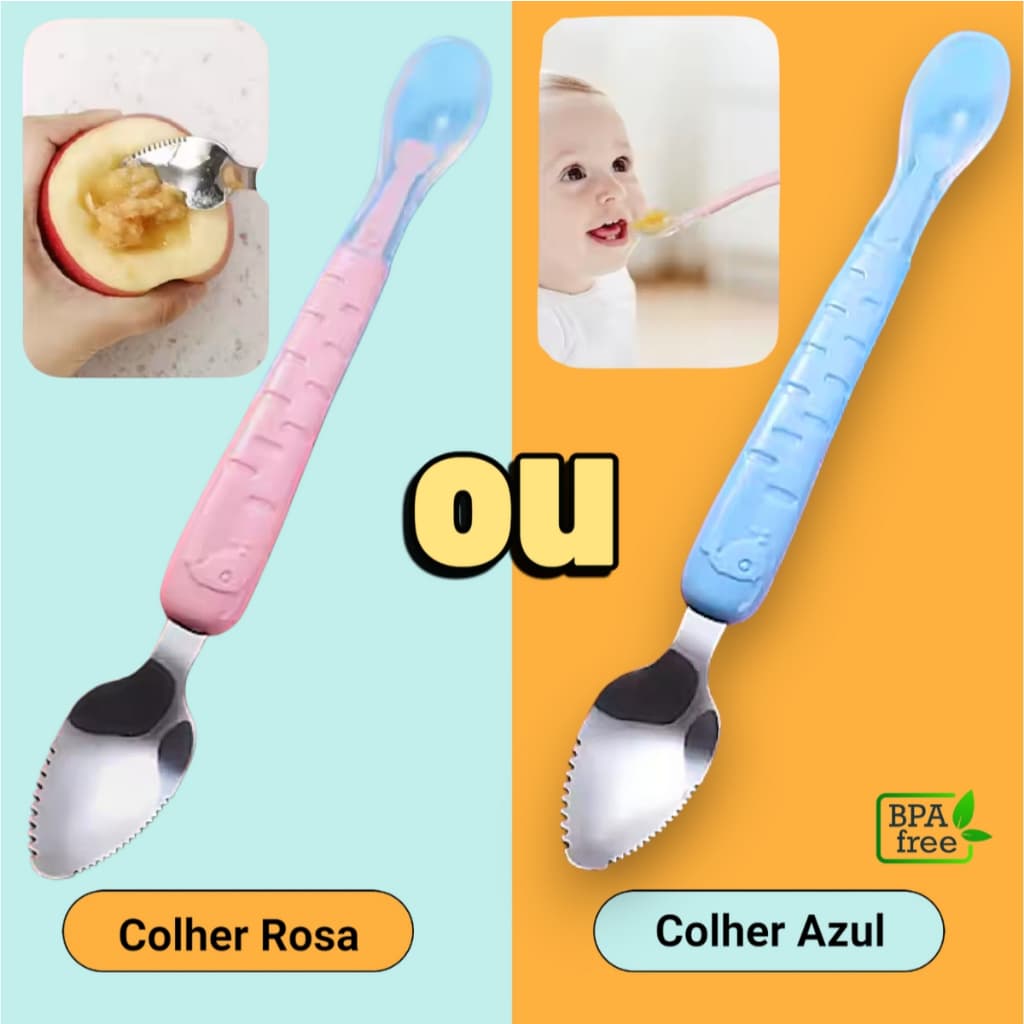 Colher para Bebê 2 em 1 Raspa Fruta Silicone Papinha Infantil