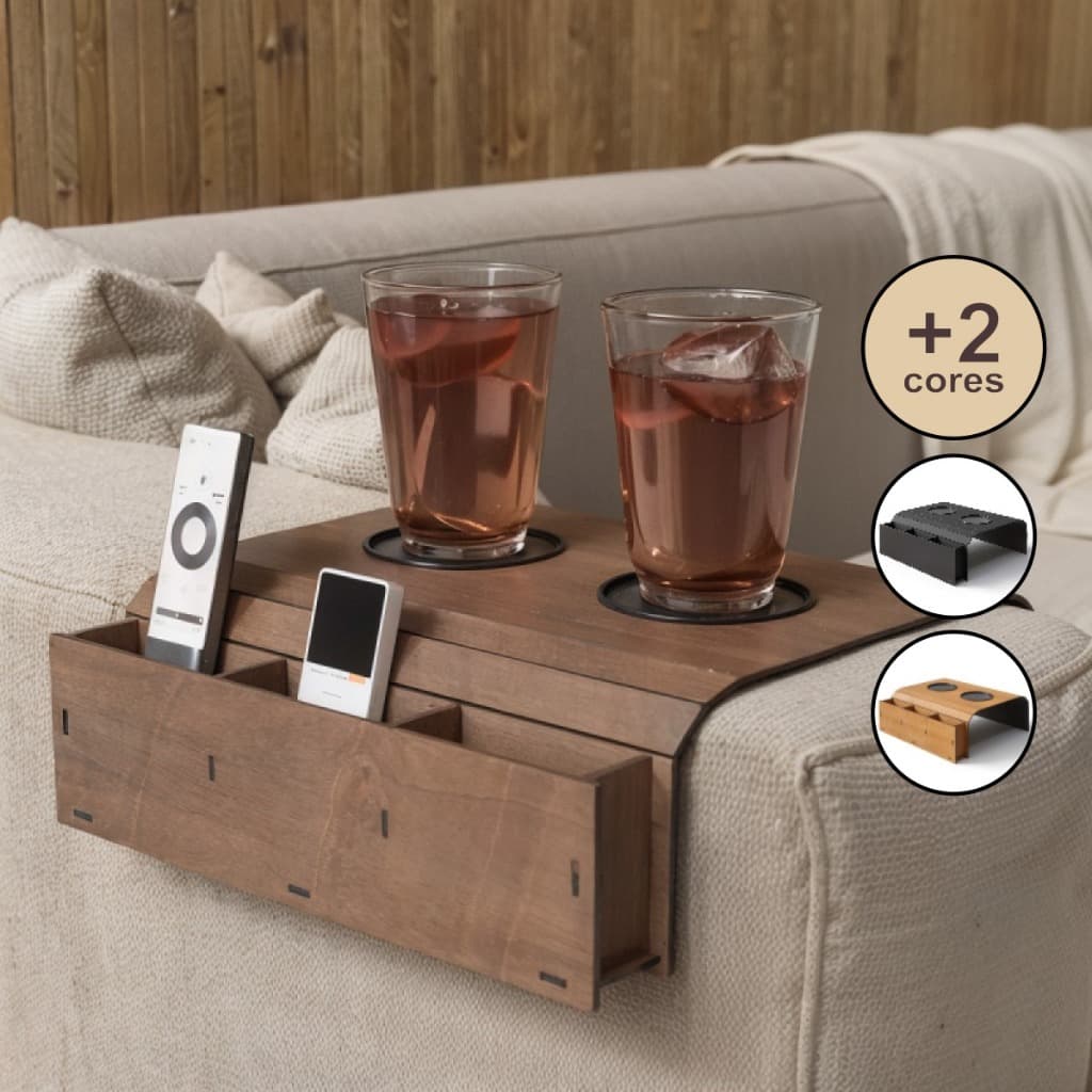 Esteira Suporte Porta Copos e Controle Para Braço de Sofá Sala Apoio Bandeja Madeira MDF Treco Apoio