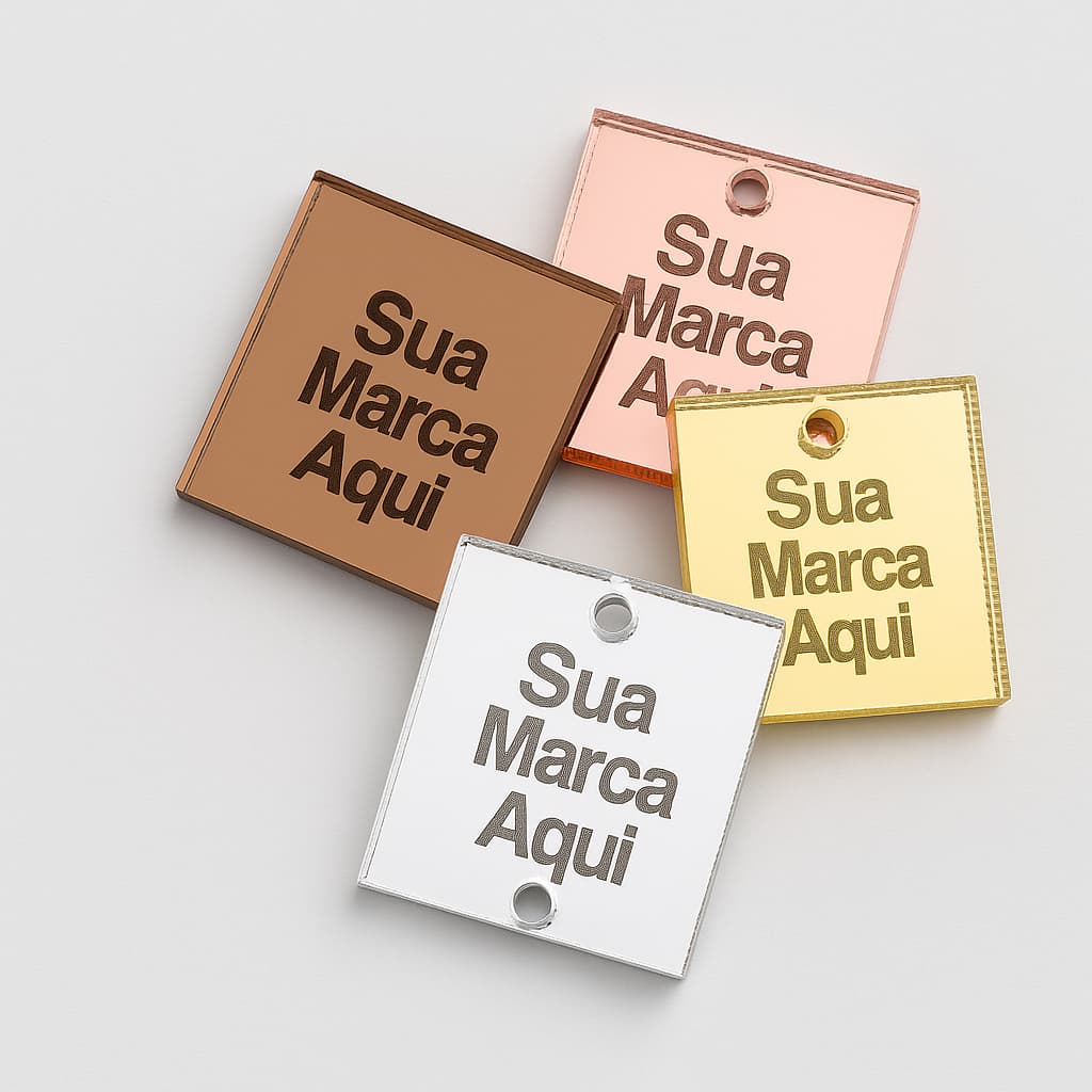 Tag Kit 30 Etiqueta Acrílico Espelhado Personalizada Nome Marca Laser Recorte Furos