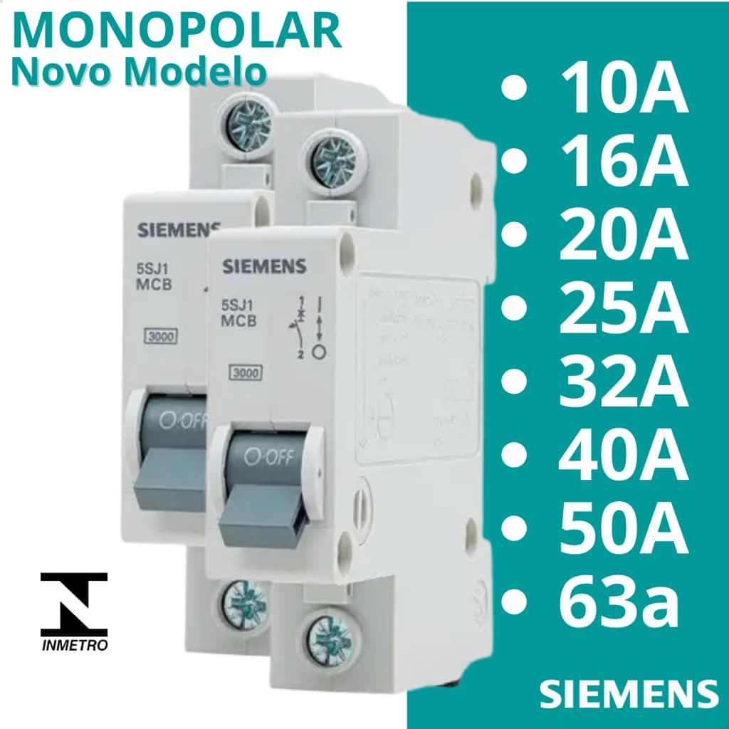 Disjuntor Unipolar 10A a 63A Din Curva C Residencial Novo Modelo Siemens
