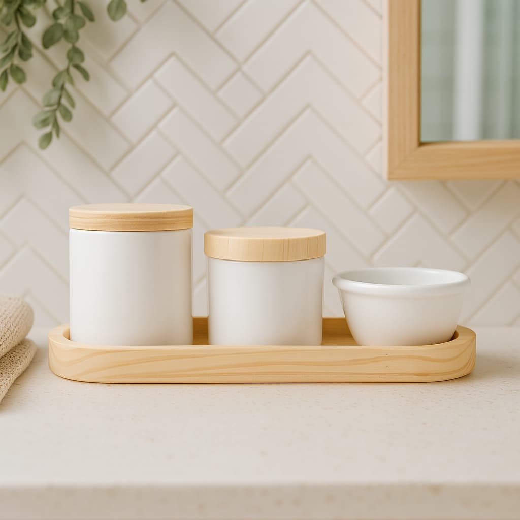 Kit de Higiene e Decoração – Porcelana Lisa com Tampa de Madeira para Bebê