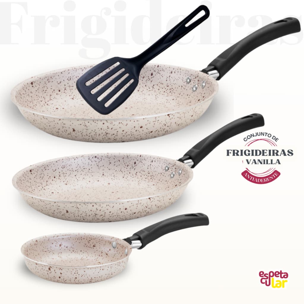 Jogo De Frigideiras 3 Peças Antiaderente Teflonada Teflon 6 camadas Bege, Cinza e Vermelho