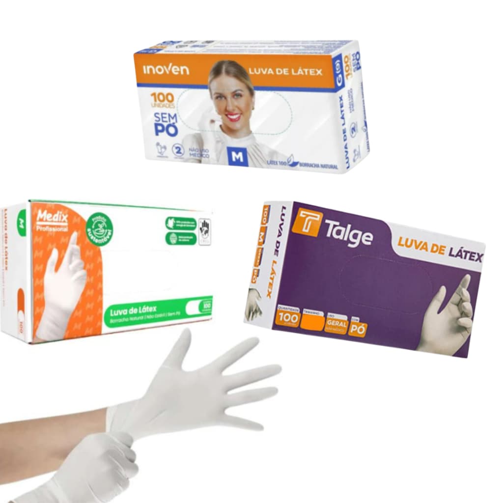 Kit 100 Unidades Luvas Látex Descartável Sem Pó Profissional Luva Branca Tamanho  P, M e G