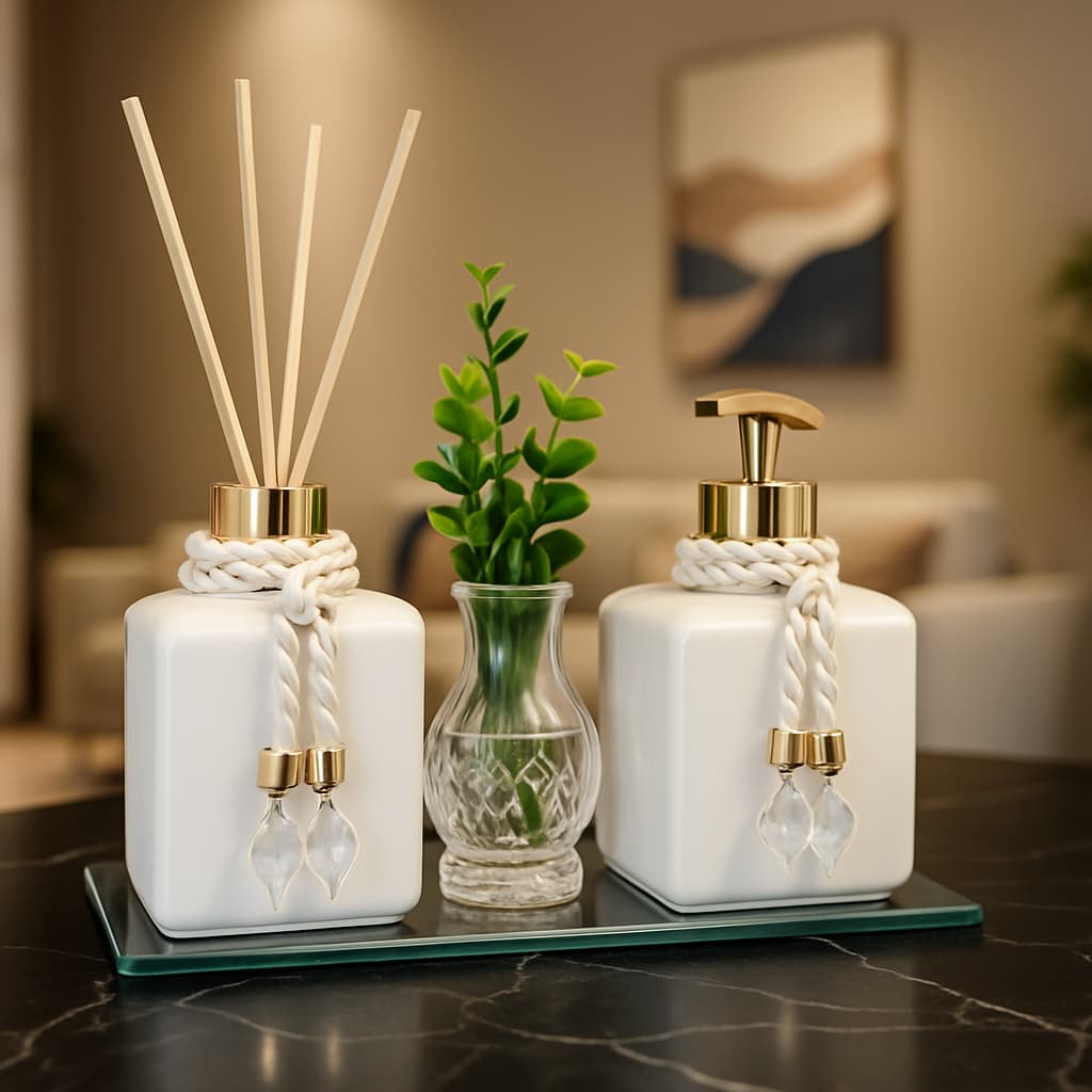 Kit Lavabo Banheiro Moderno  Pet 300ml  Completo Luxo C/ Bandeja Espelhada Decor