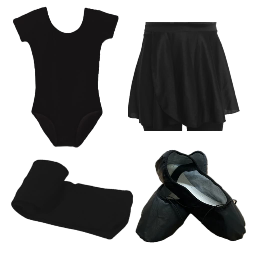 Kit Ballet Juvenil Preto Com 4 Peças: Collant Meia Manga + Saia Transpassada + Meia + Sapatilha - Para Bailarinas