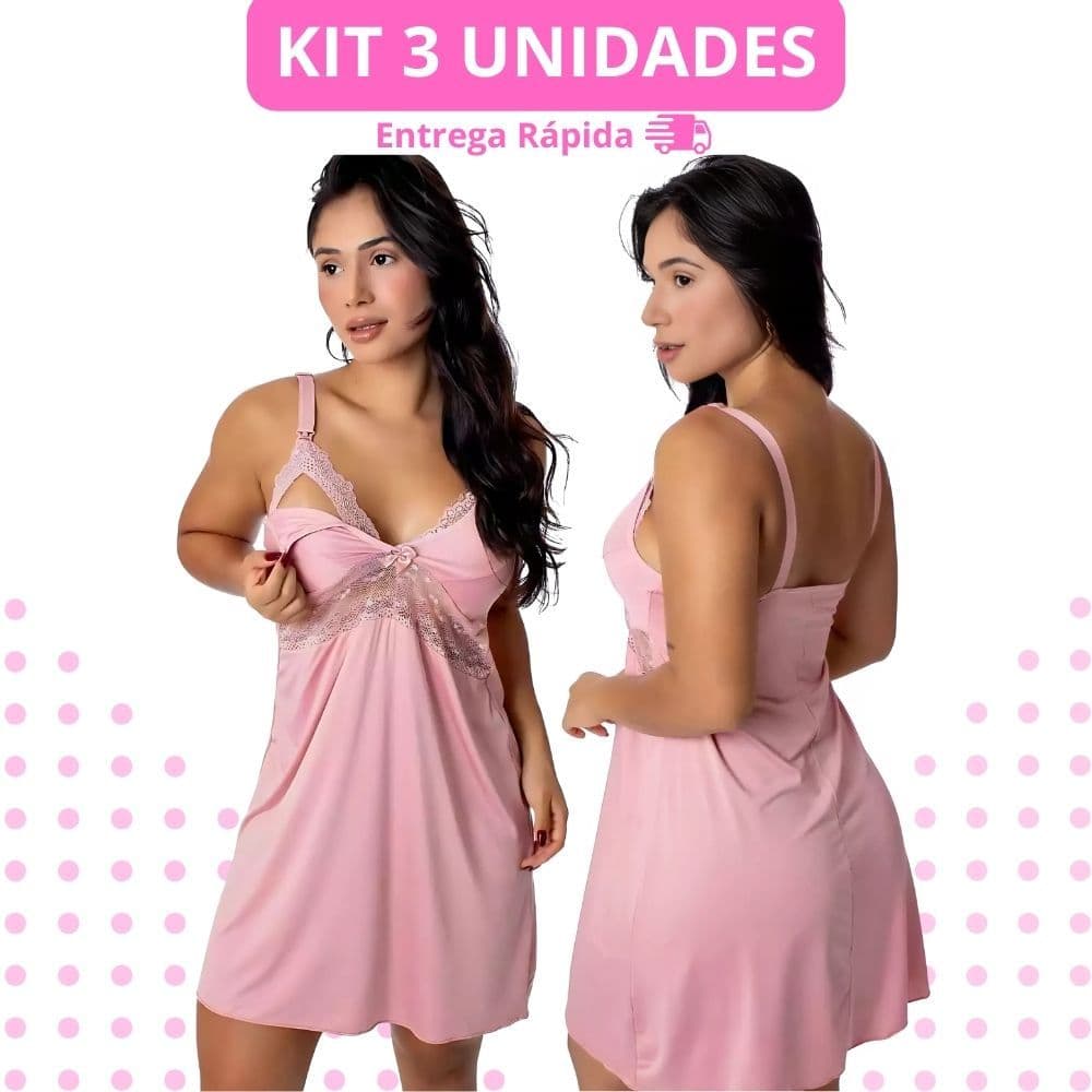 Kit 3 Camisolas Amamentação Pós Parto Gestante com Click Renda Alça Reforçada Larga Maternidade