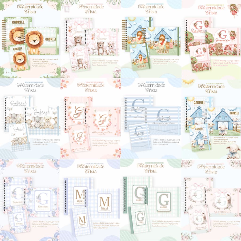 KIT MATERNIDADE CRISTÃO - VÁRIOS TEMAS - Caderneta de Saúde + Livro do Bebê + Porta Documentos + BRINDE