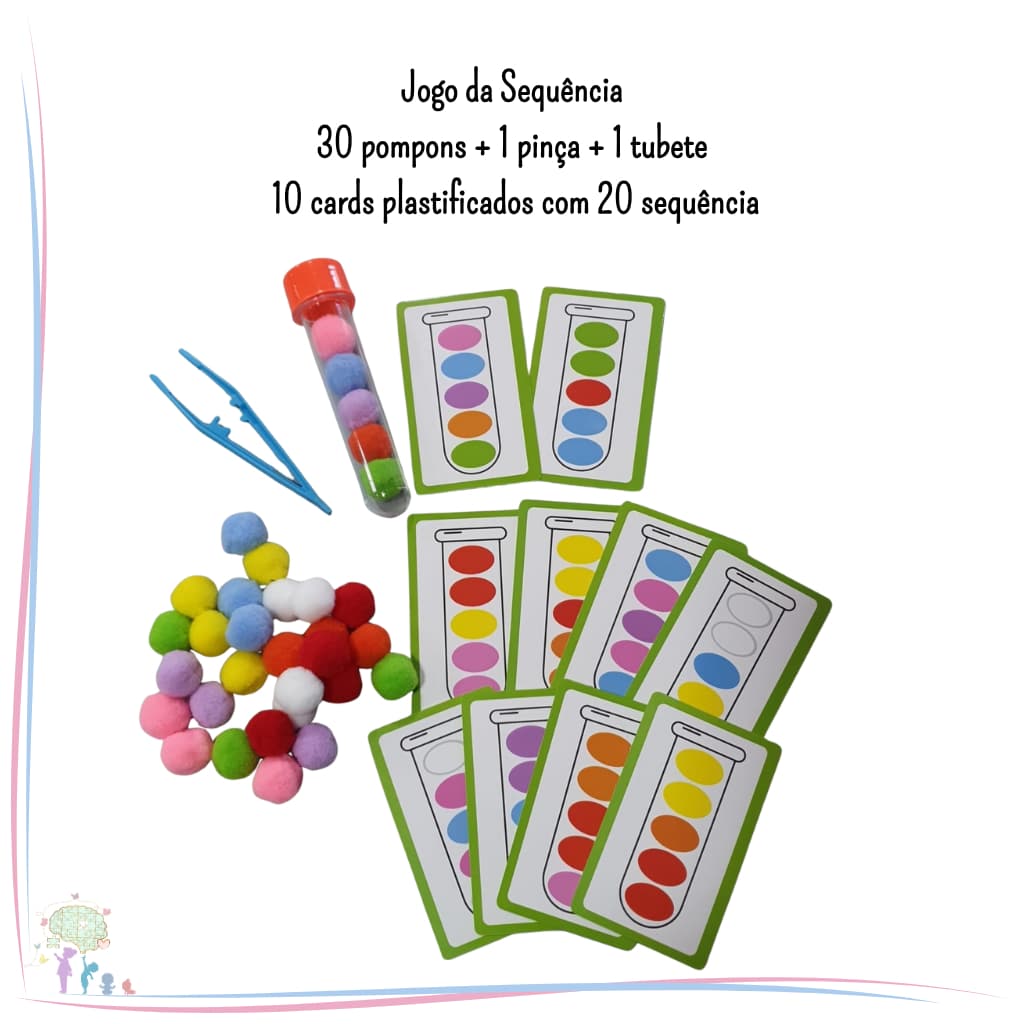 Jogo da Sequência – Kit Sensorial: Pinça, Tubete e Pompons. Coordenação, Foco Percepção Visual – TEA