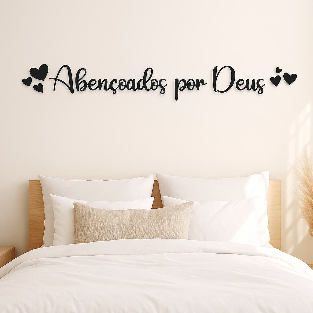 Frases Decorativas Abençoados por Deus + 6 Mini Corações Parede Quarto Sala Decoração MDF Bíblica