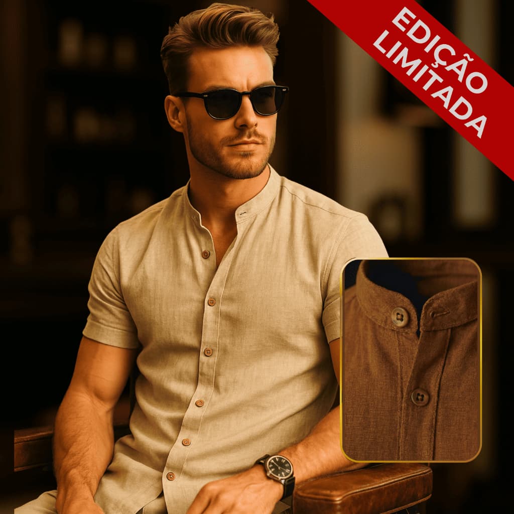 Camisa Masculina Linho Gola Padre Manga Curta Luxo