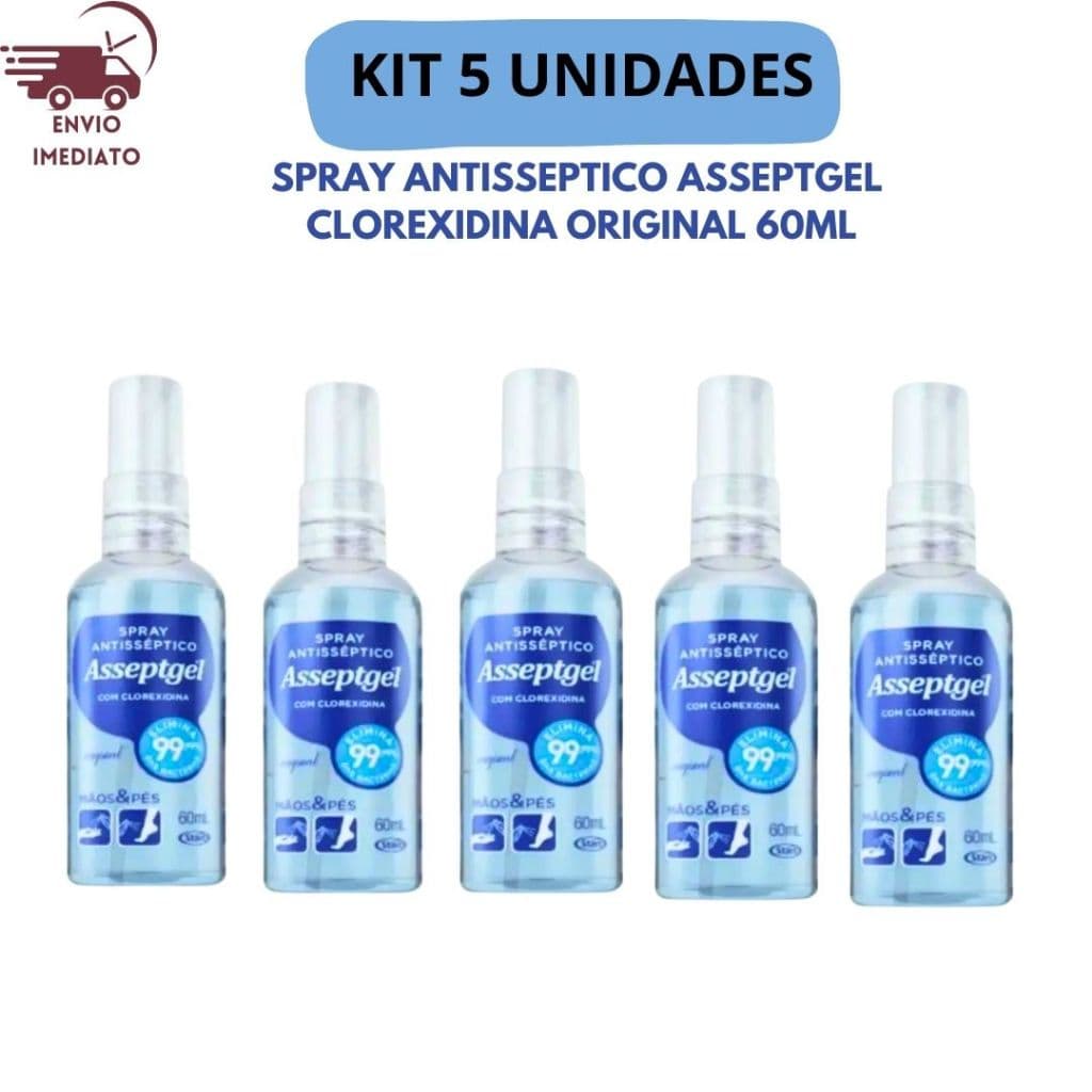 KIT 5 UNIDADES SPRAY ANTISSEPTICO ASSEPTGEL CLOREXIDINA ORIGINAL 60ML