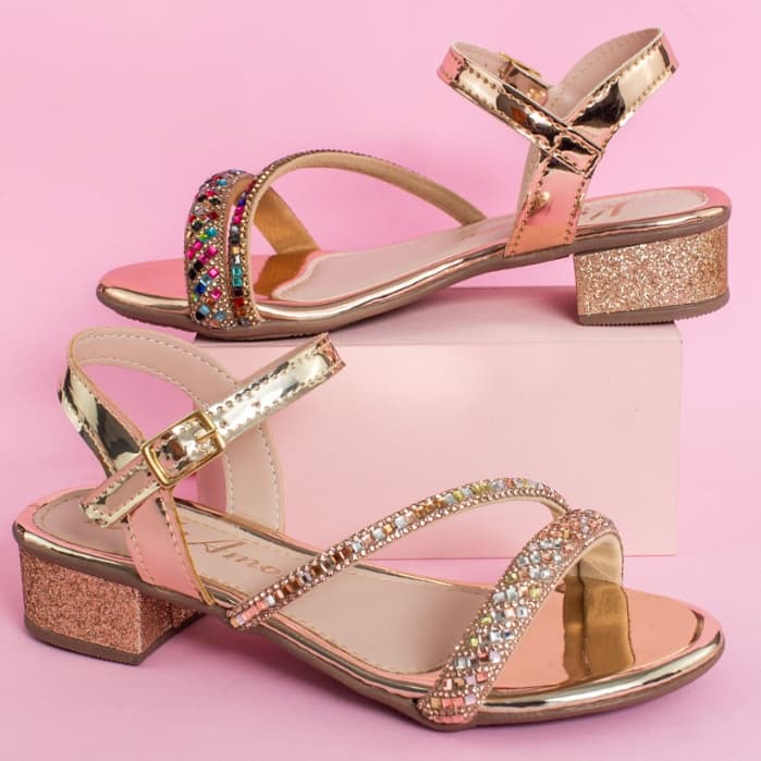 Sandália Saltinho Brilho Strass Infantil Menina Delicada Festa Casual Moda Promoção Antiderrapante