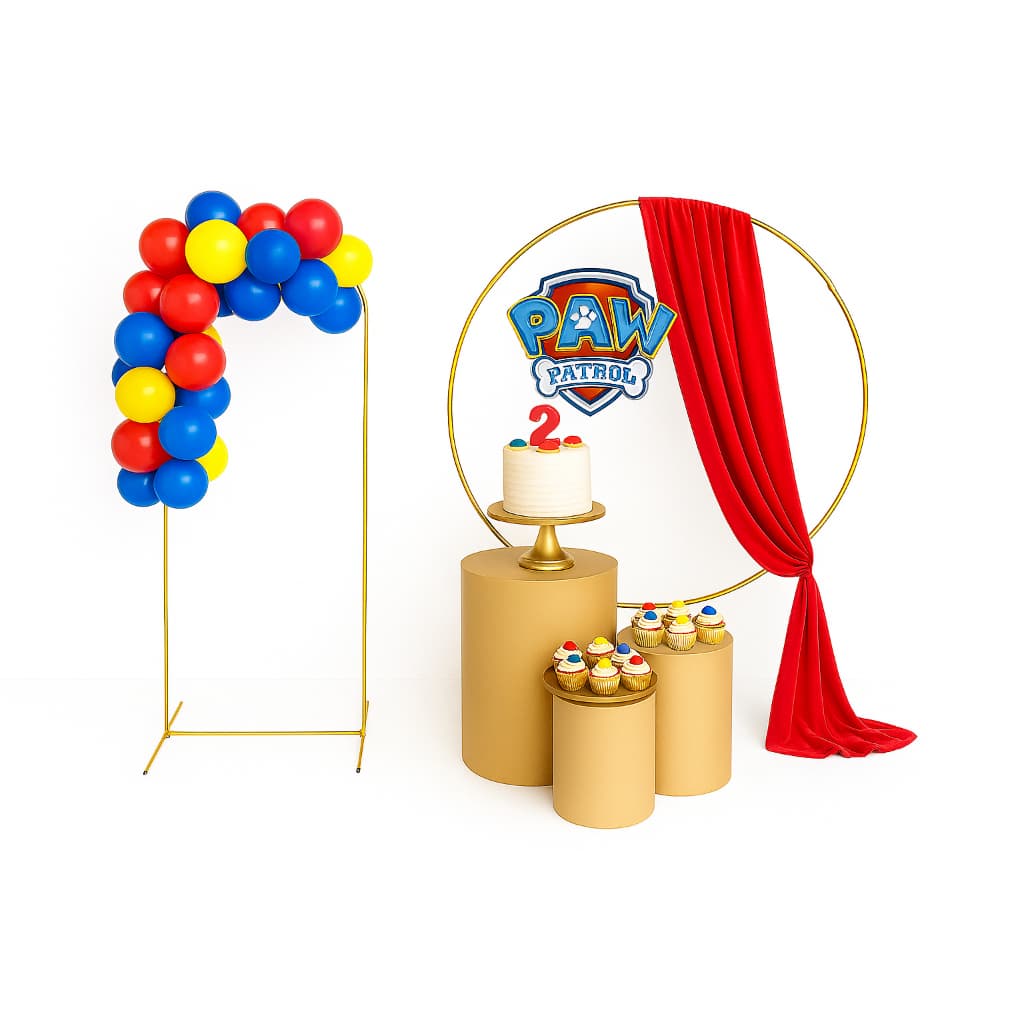 Kit 2 Arcos de Ferro + Trio de Mesas Cilindros MDF P M G para Festa e Decoração Desmontável