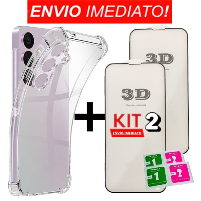 Kit 2 Película Vidro 3D + Capa Capinha Transparente Para Samsung A06 A14 A15 A16 A24 A25 A26 A34 A35 A36 A54 A55 A56