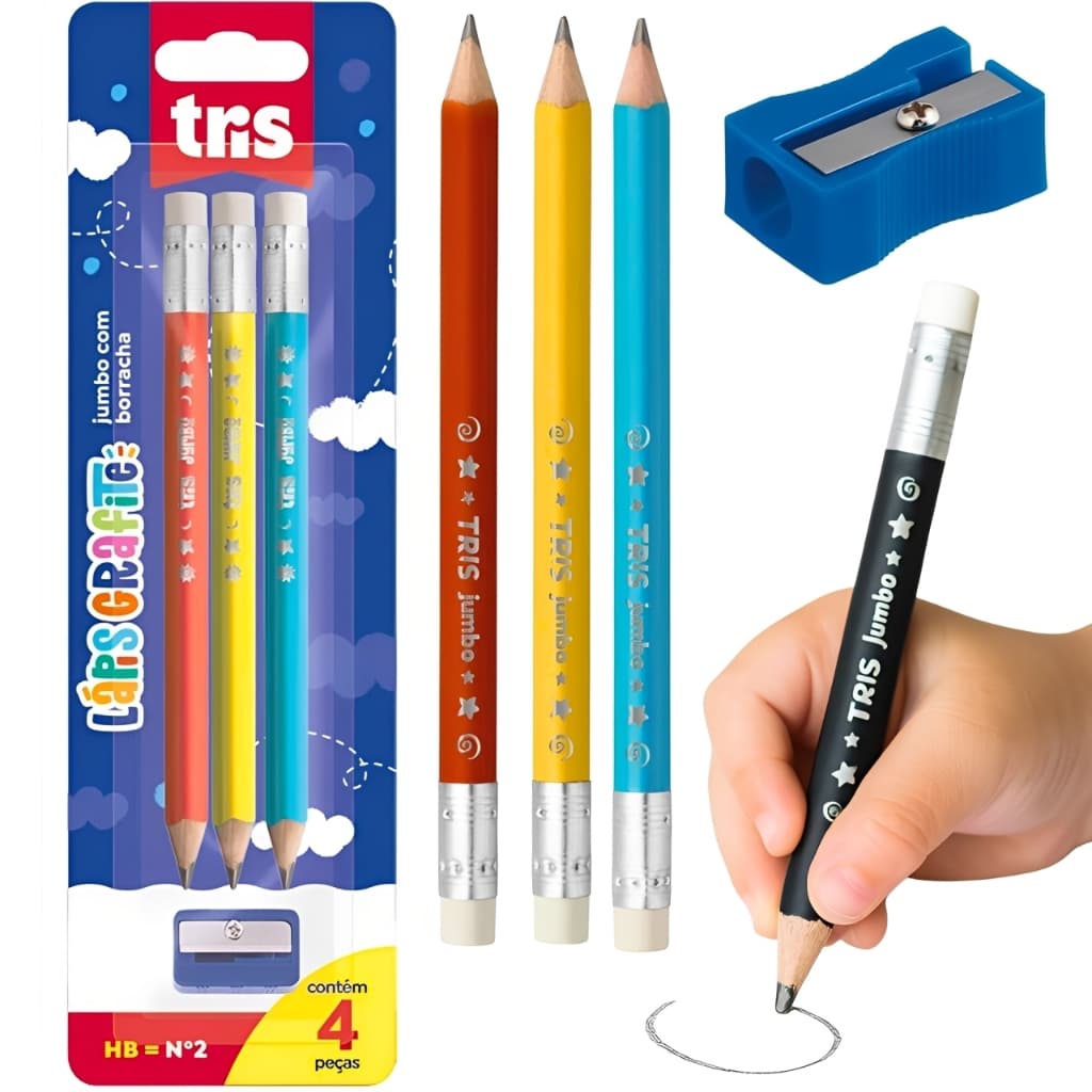 Kit 3 Lápis Jumbo HB Nº2 De Escrever Com Borracha E Apontador Para Criança Alfabetização Escola