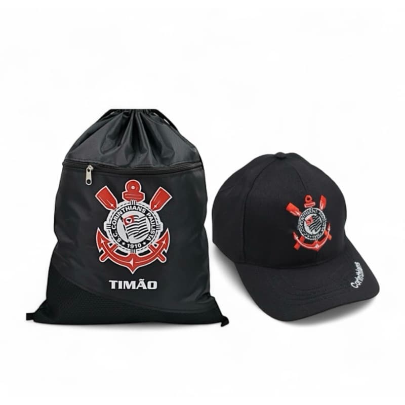 Kit Mochila e Boné Time de Futebol Esportivo Corinthians Preto