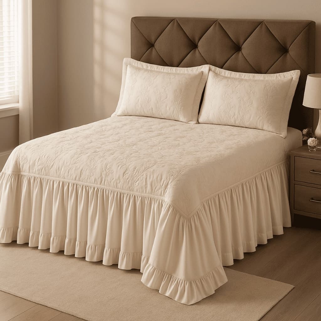 Colcha Casal Bordada Com Babado Cama Box Cobre Leito Com Forro Cama Posta