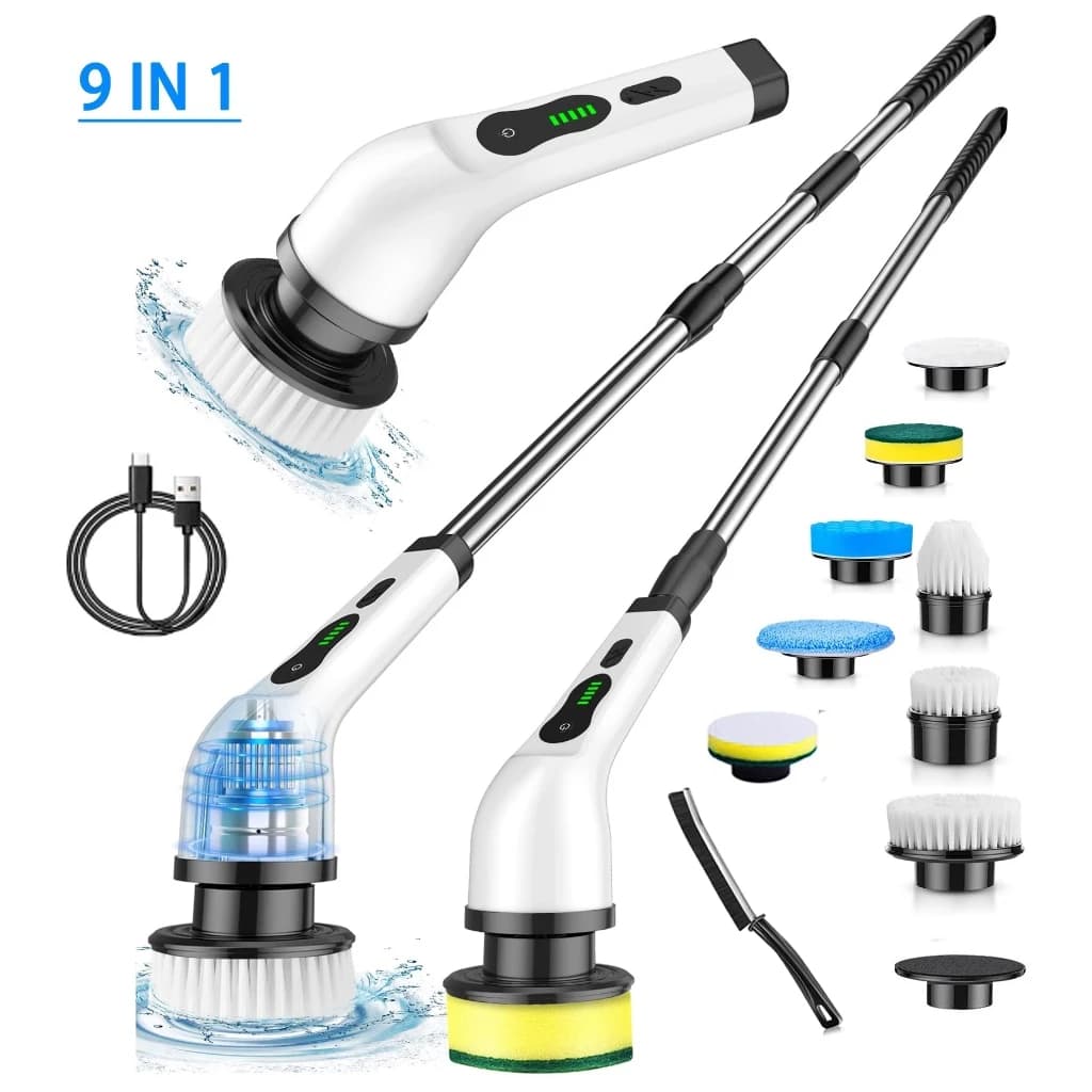 Escova de limpeza elétrica multifuncional sem fio 9 em 1 para limpeza de carros, cozinhas e banheiros (recarregável)