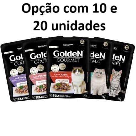 Sachê Golden Gatos Gourmet 70g Ração úmida opções com 10 unidades e caixa com 20 unidades