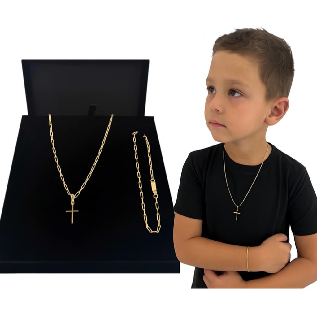 Conjunto Infantil Corrente 60cm + Pulseira + Pingente Banhado a Ouro 18K
