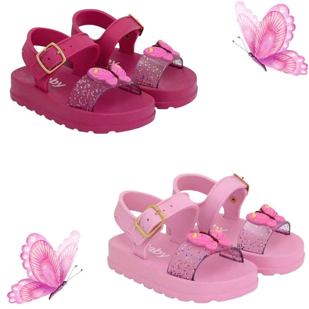 Sandália Papete Infantil Bebe Feminina Glitter com Borboleta – Pink Rosa Lilas-Baby Love Calçados