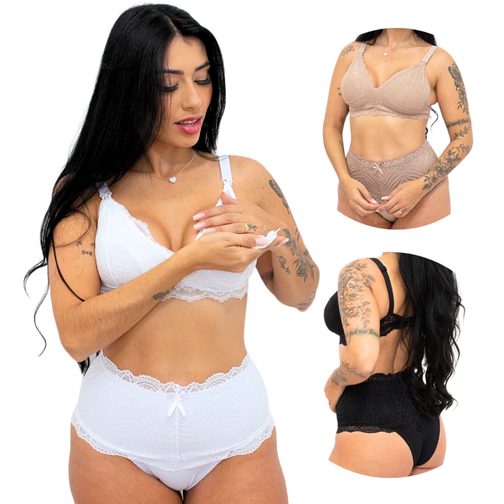 Conjunto de Amamentação Reforçado Sutiã de Amamentar e Calcinha Pós Parto modeladora cós alto