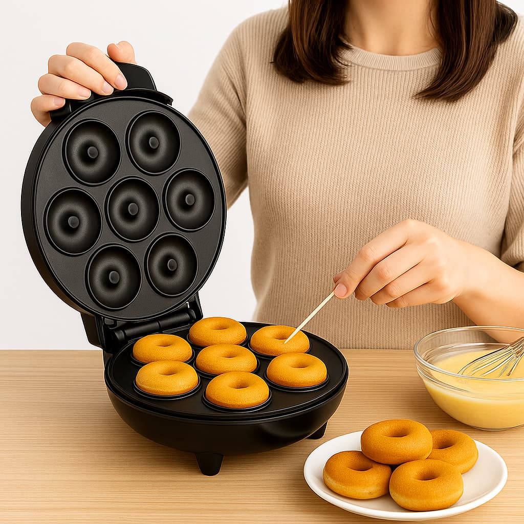 Maquina Mini Donuts Portátil Potente 7 Furos Rosquinha Confeitaria Culinária 220V e 1000W Preto