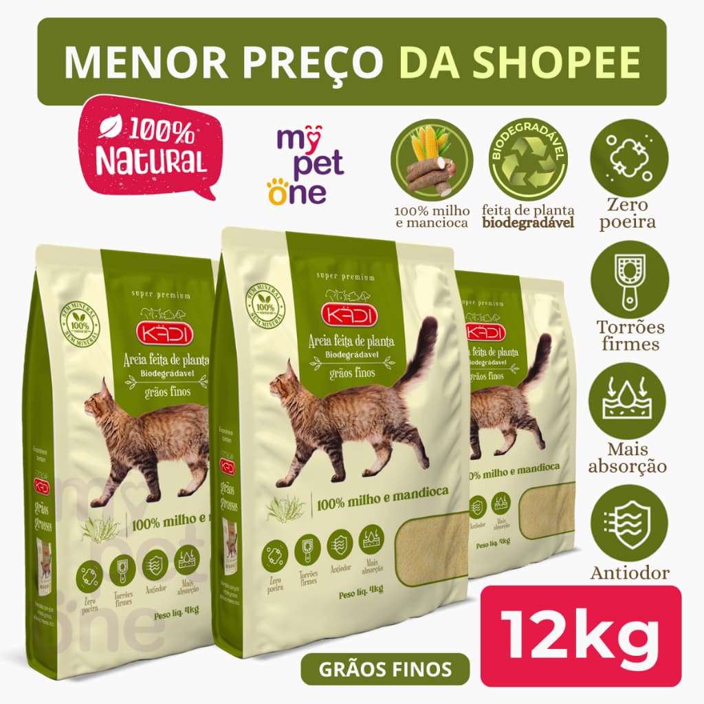 Kit 3 Areia Biodegradável 4 Kg Grãos Finos - Kadi