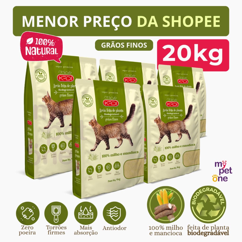 Kit 5 Areia Biodegradável 4 Kg Grãos Finos - Kadi
