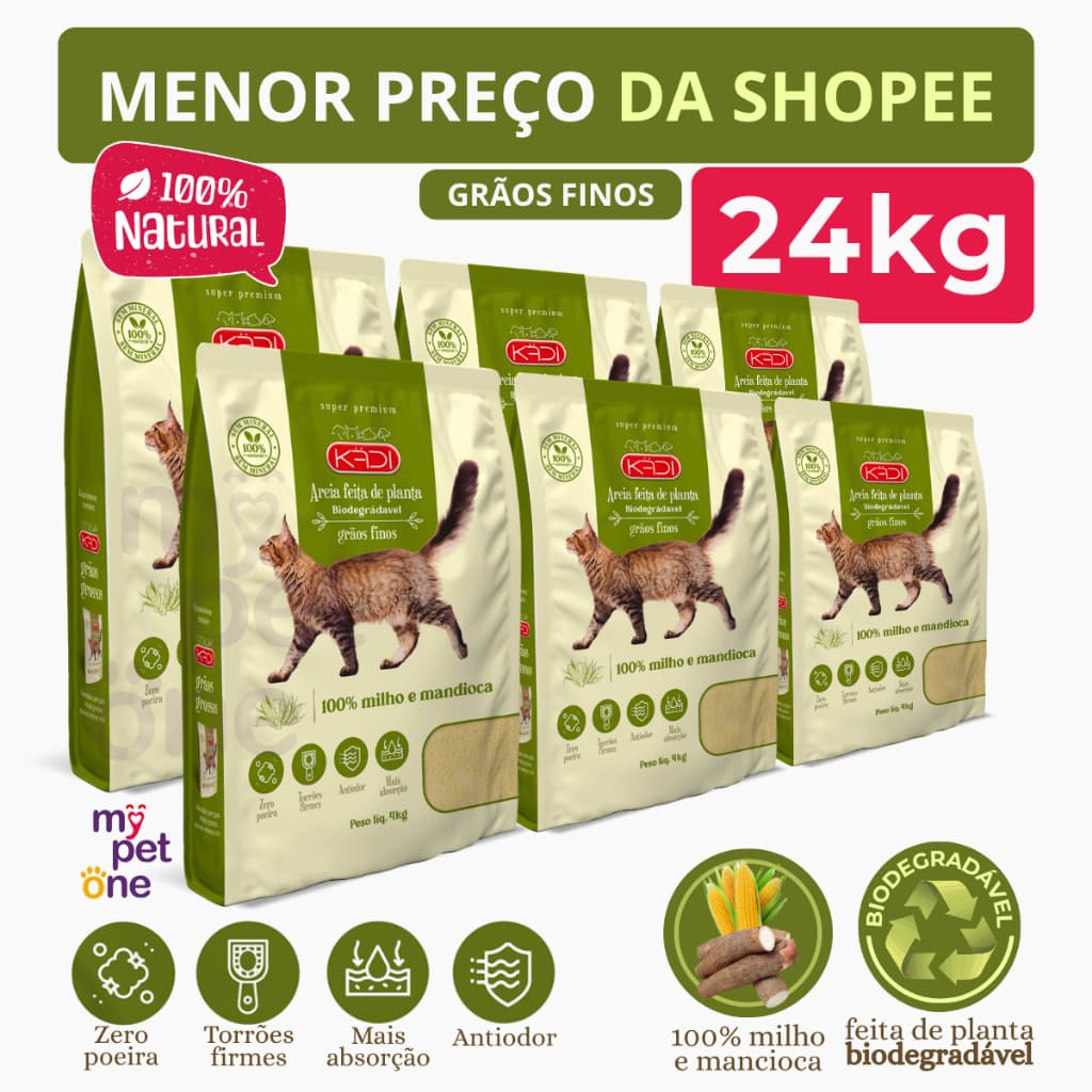 Kit 6 Areia Biodegradável 4 Kg Grãos Finos - Kadi