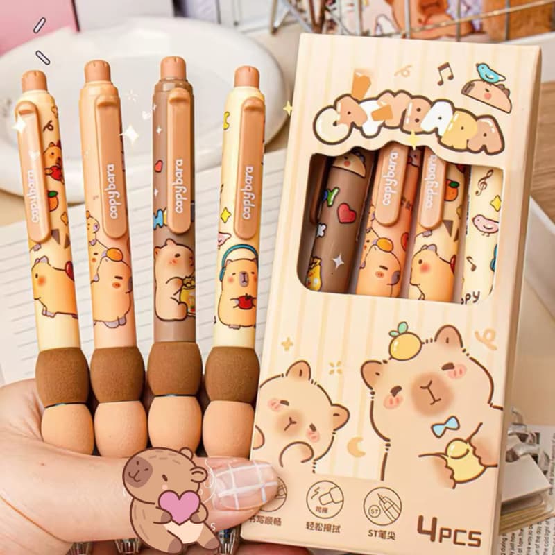 4 Canetas Gel Apagável Capivara Click Conforto c/ Espuma Macia  Papelaria Fofa Kawaii