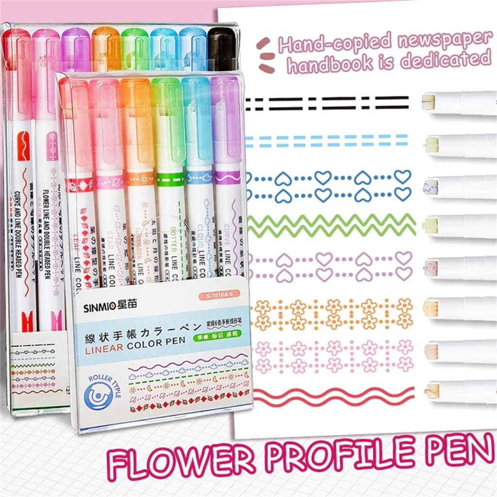 Kit 6 Cores Caneta de contorno floral, caneta de curvas, rolo, linha de onda, marcador colorido