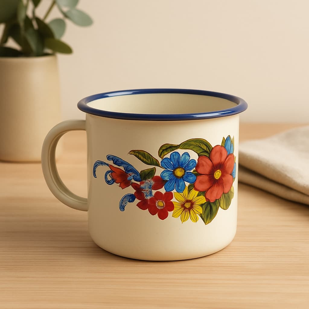 Caneca Esmaltada de Metal 150 220 300 ML com Estampa Floral – Ideal para Café e Outras Bebibas