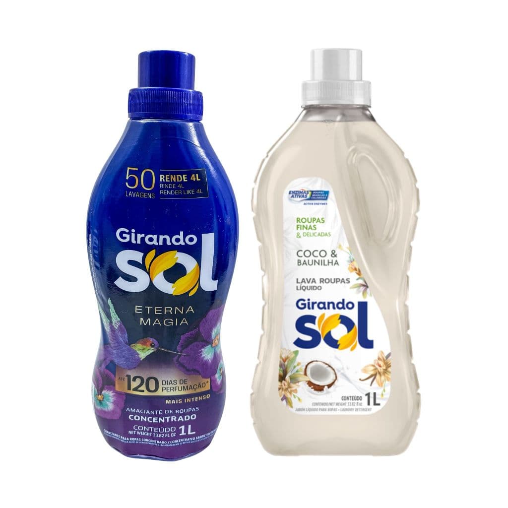 Kit Lava Roupas Sabão Líquido 1 Litro Coco Baunilha + Amaciante Concentrado 1 Litro Eterna Magia - Girando Sol