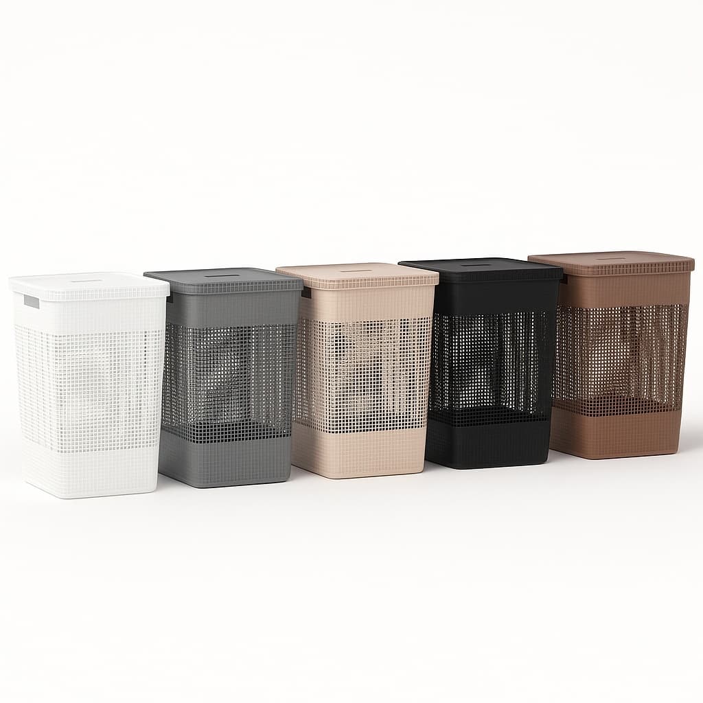 Cesto de Roupas Grid com Tampa Plastico OU Bambu 49L Organizador de Lavanderia OU