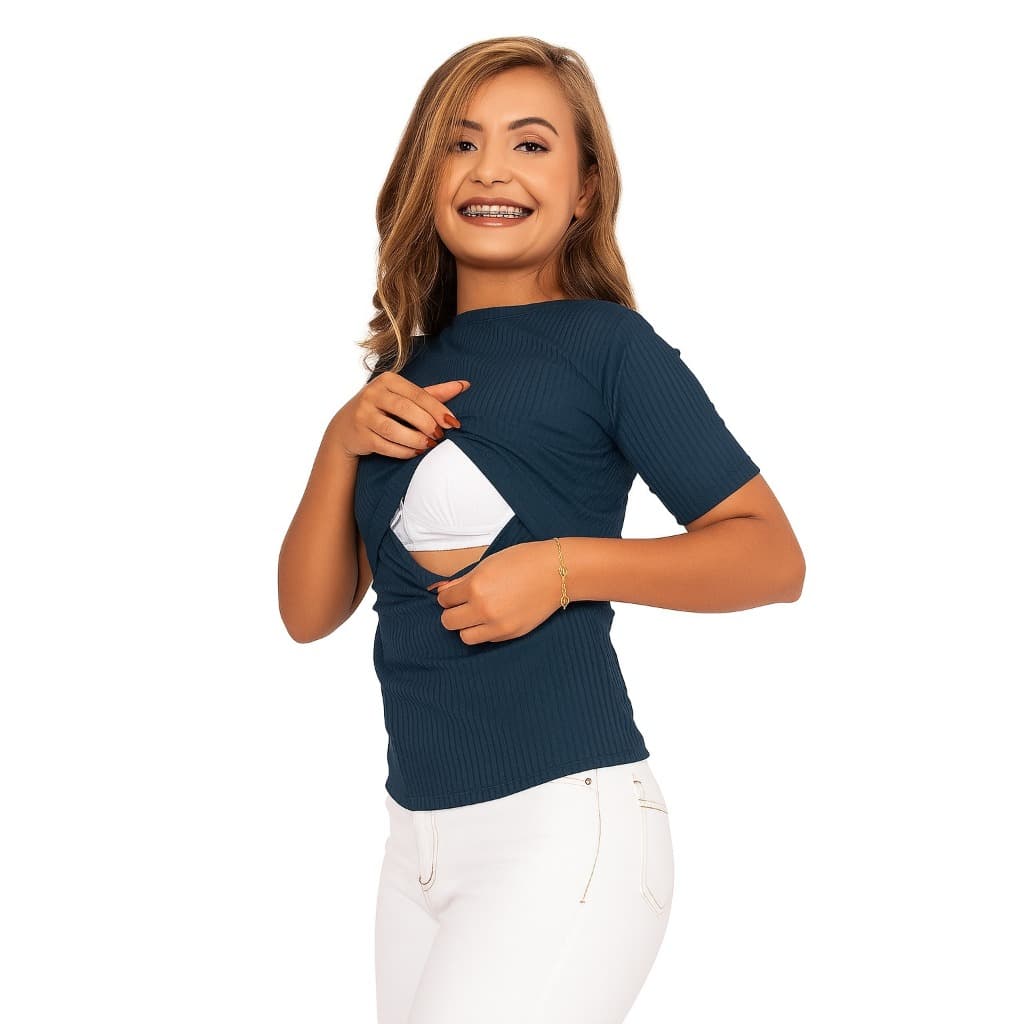 Blusa Amamentação Manga Curta Gola Alta Canelado Gestante Confortável