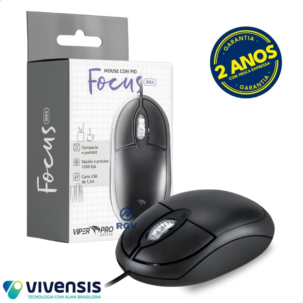 Mouse Com Fio Vivensis Viper Focus Usb Compacto Para Notebook PC Rápido e Preciso Cabo de 1.2 m
