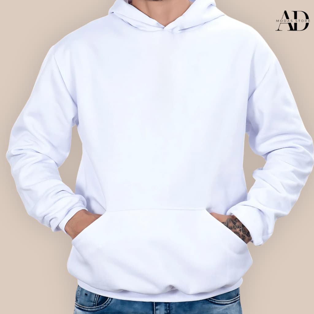 MOLETOM BRANCO BLUSA CANGURU 100% ALGODAO LISO COM CAPUZ UNISEX