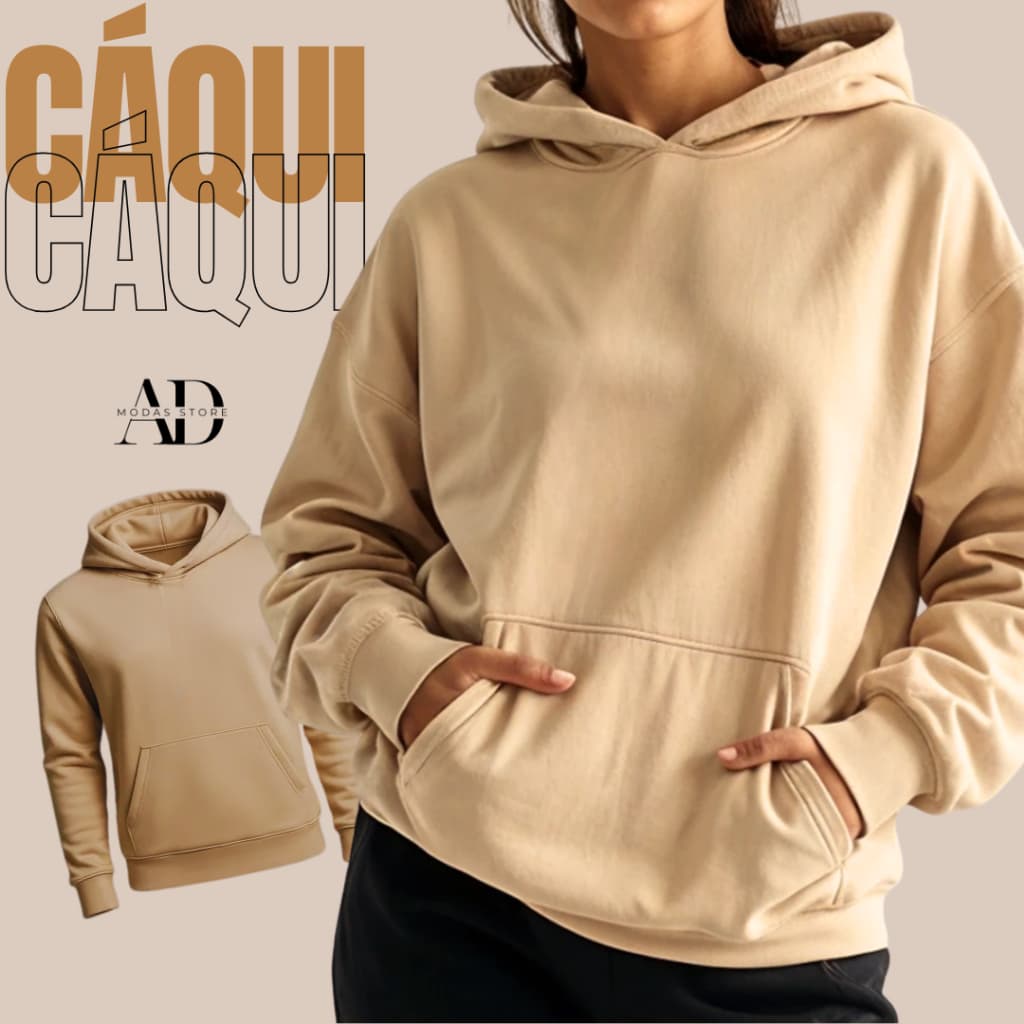 MOLETOM CAQUI CANGURU 100% ALGODAO LISO COM CAPUZ UNISEX