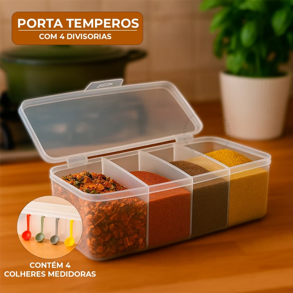 Porta Temperos Pote Condimentos Organizador Com Divisórias 4 Colheres Medidoras